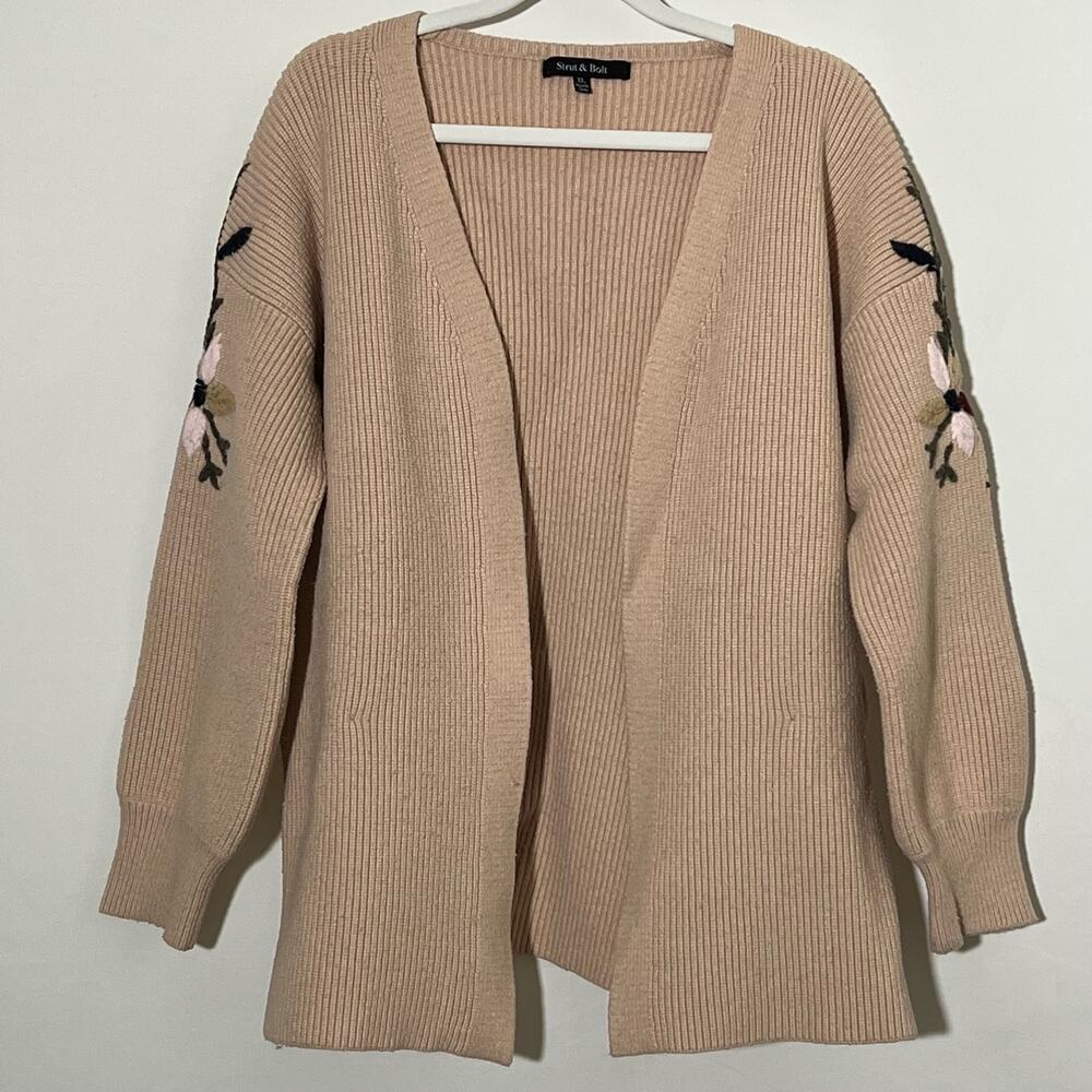 Strut & Bolt Knitted Embroidered Floral Open Front Cardigan Tan Womens Size XL